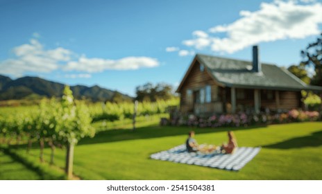 Blurred background of a serene summer scene in a lush vineyard in new zealand, featuring a couple enjoying a picnic on the grass near a charming cabin, surrounded by vibrant nature. - Powered by Shutterstock