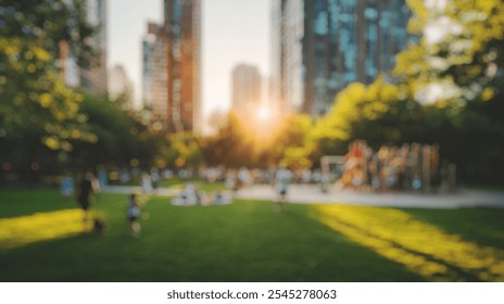 Blurred background of a serene urban park located between tall buildings, filled with people enjoying leisure time. the setting sun casts warm light over the lush greenery - Powered by Shutterstock