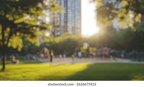Fondo borroso de un parque urbano sereno enclavado entre edificios altos, lleno de personas que disfrutan de actividades al aire libre bajo la cálida luz del sol al atardecer. un escape vibrante en la ciudad.