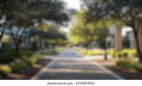 Blurred Background of Serene Urban Pathway Surrounded by Lush Greenery and Modern Architecture under Clear Blue Sky in Bright Daylight. Blurry Background For Design Projects. - Powered by Shutterstock