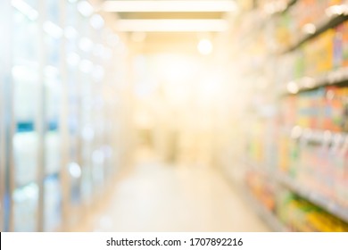 Blurred background of shelf in the supermarket the store full of products and foods ready for shopping no shortage or hoarding during coronavirus quarantine