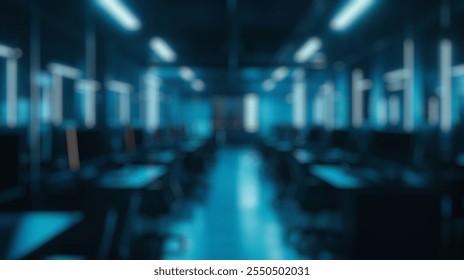 Blurred background of a sleek, high-tech data center featuring rows of computer desks, illuminated with vibrant blue led lights, designed for optimal performance and security in the digital age.