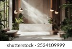 Blurred background of a sleek and minimalist hotel lobby featuring a stunning marble reception desk, surrounded by lush greenery and elegant lighting that creates a warm ambiance.