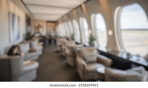 Blurred background of a sleek and modern airport lounge, featuring comfortable seating, large windows offering runway views, and an inviting atmosphere for relaxation and leisure. - Powered by Shutterstock