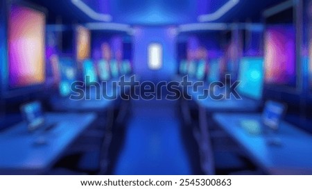 Blurred background of a sleek, modern technology room featuring high-resolution monitors and laptops in a vibrant neon blue environment designed to inspire creativity and innovation.