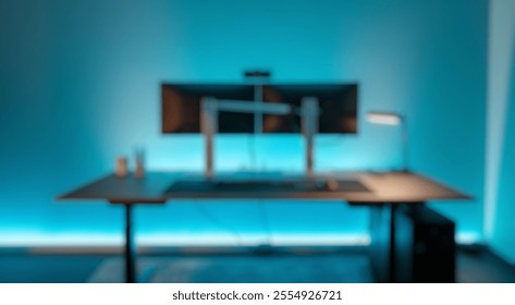 Blurred background of a sleek workspace featuring dual monitors and ambient lighting, perfect for enhancing productivity in a modern home office or creative environment. - Powered by Shutterstock