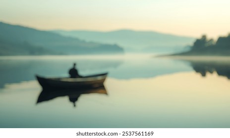 Blurred background of a solitary fisherman casts his line from a wooden rowboat into a serene lake at dawn, embracing the tranquil beauty of nature in a misty landscape. - Powered by Shutterstock