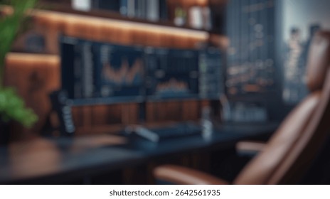 Blurred background of a sophisticated modern workspace featuring dual monitors displaying financial data with a stunning cityscape view at night, complemented by an ergonomic chair and stylish decor.