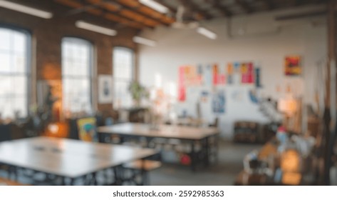 Blurred background of a spacious and bright creative workspace featuring an eclectic mix of artwork, plants, and natural light, perfect for fostering collaboration and artistic inspiration.