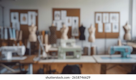 Blurred background of spacious and creative sewing studio featuring multiple sewing machines, dress forms, fabric rolls, and fashion illustrations on display in a bright room