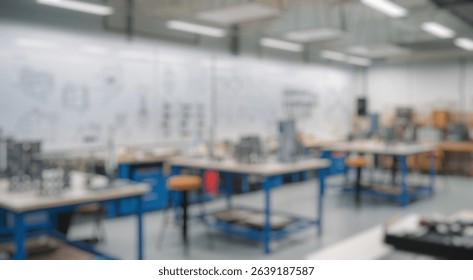 Blurred background of a spacious engineering workshop filled with tables showcasing prototypes and blueprints, equipped for innovation and collaboration within various design and development projects.