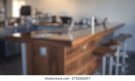 Blurred background of spacious kitchen bar interior with a sleek wood countertop and modern stainless steel accents, perfect for entertaining guests in a stylish environment.