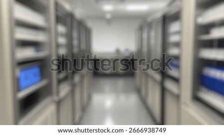Blurred background of a spacious laboratory featuring modern refrigeration units for organized storage and health compliance, highlighting efficiency and cleanliness in a professional environment.