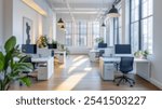 Blurred background of spacious minimalist coworking office featuring sleek white desks, black chairs, and abundant natural light, creating a productive and inspiring work environment.