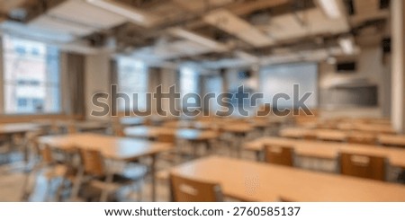 Blurred Background of Spacious and Modern Classroom Setting with Desks, Chairs, and Large Windows, Ideal for Educational Purposes and Instructional Activities