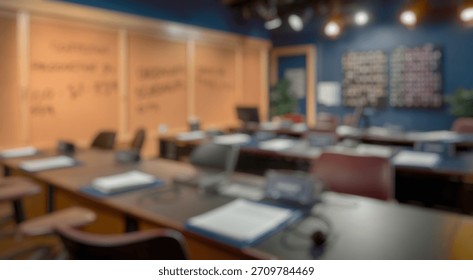 Blurred background of spacious office environment with empty desks ready for work, featuring paperwork, monitors, and wall-mounted schedules aimed at enhancing productivity and organization.