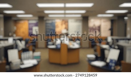 Blurred background of spacious office interior showcasing modern design with desks, computers, informative murals, and a comfortable reception area promoting a welcoming and productive atmosphere.
