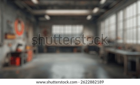 Blurred background of spacious and organized workshop interior featuring workbenches, tools, and natural light pouring through large windows in a modern industrial style environment