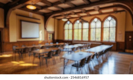 Blurred background of a spacious university hall featuring high ceilings and large windows, ideal for events, meetings or educational sessions in an inviting atmosphere. - Powered by Shutterstock