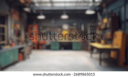 Blurred background of a spacious and well-lit workshop equipped with various tools, ideal for diy enthusiasts and professionals, showcasing an inviting environment for creative projects.