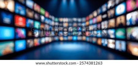 Blurred background streaming service interface with colorful app icons on blue background technology entertainment digital content