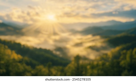 Blurred background of a stunning expansive view of rolling hills bathed in warm sunlight at sunrise. the fog creates a serene atmosphere, enhancing the beauty of nature. - Powered by Shutterstock