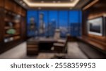 Blurred background of a stunning office interior showcasing modern design with wooden furnishings, ambient lighting, and an inspiring city skyline view at dusk, perfect for a professional setting.