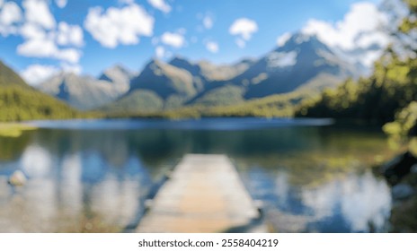 Blurred background of a stunning panoramic view of a serene mountain lake surrounded by lush greenery, with a wooden pier extending into the calm waters. perfect for nature lovers. - Powered by Shutterstock