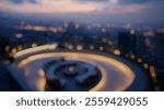 Blurred Background of Stunning Rooftop Lounge with Circular Seating and City View at Dusk Overlooking Urban Landscape in Soft Lighting. Blurry Background For Design Projects.