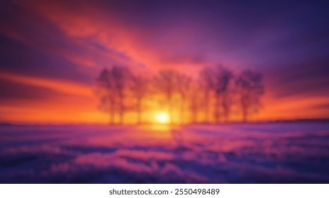 Blurred background of a stunning winter sunset casts vibrant colors across a snow-covered field, with silhouetted trees against a warm, glowing sky, creating a tranquil scene. - Powered by Shutterstock