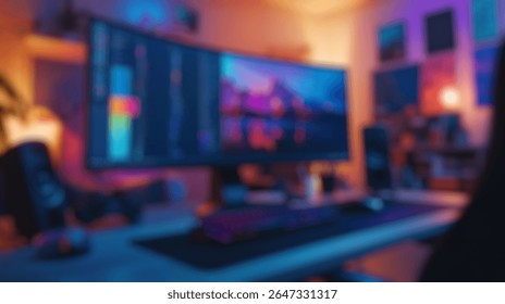 Blurred background of a stylish gaming setup in a cozy home office, featuring a curved monitor, rgb keyboard, and ambient lighting that creates a vibrant and inviting atmosphere. - Powered by Shutterstock - Get 15% off with code: PIKWIZARD15