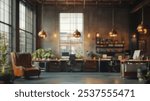 Blurred background of a stylish industrial coworking lounge featuring dark leather armchairs and modern lighting, perfect for relaxation and productivity in a warm atmosphere.