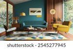 Blurred background of stylish mid-century modern living room featuring vibrant colors and elegant furniture. the cozy space combines comfort with contemporary design elements.