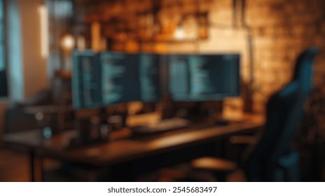 Blurred background of a stylish modern home office featuring dual monitors displaying code, an inviting atmosphere with warm lighting, perfect for enhancing productivity during remote work sessions. - Powered by Shutterstock