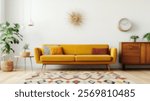 Blurred background of a stylish modern living room featuring a mustard yellow sofa, wooden furniture, and artistic decor, creating a bright and inviting atmosphere for relaxation.