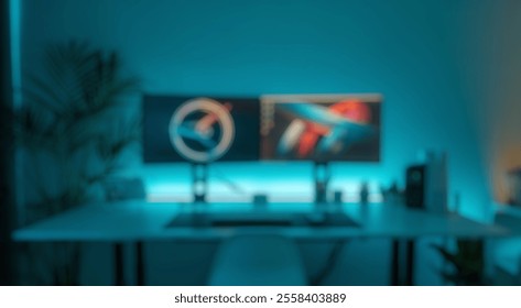 Blurred background of a stylish modern workspace featuring dual monitors and ambient neon lighting, complemented by indoor plants, perfect for remote work and creative productivity. - Powered by Shutterstock