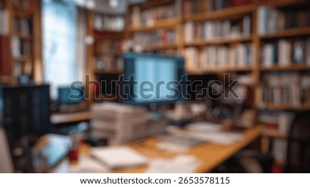 Blurred background of a stylish study area featuring two computer monitors, a desk cluttered with papers, and well-stocked bookshelves, perfect for productivity and creativity.