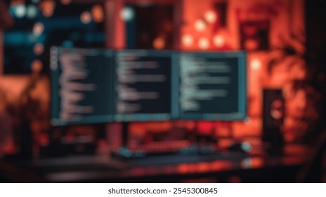 Blurred background of a stylish workspace scene with dual monitors showing code, a colorful keyboard, and atmospheric lighting, perfect for technology lovers and coding professionals. - Powered by Shutterstock