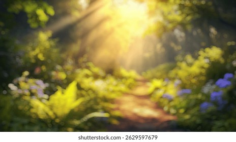 Blurred background of a sunlit path through a dense, vibrant forest creates a serene atmosphere. dappled sunlight filters through lush greenery, inviting exploration and reflection.