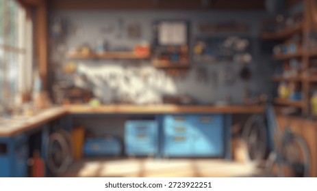 Blurred background of a sunlit workshop filled with neatly organized tools and equipment, ideal for diy projects and home repairs, showcasing a creative and functional workspace.