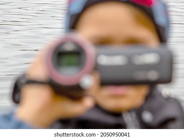 Blurred Background Teen Blogger Filming Autumn Video