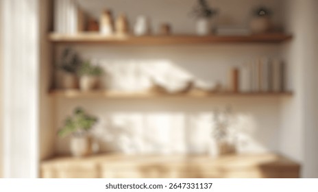Blurred background of this image captures a beautifully styled interior featuring wooden shelves adorned with decorative plants, ceramics, and books, radiating a cozy and modern atmosphere.