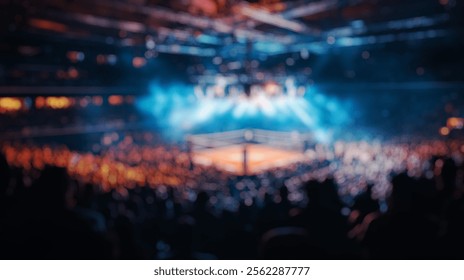 Blurred background of a thrilling professional wrestling event captures a packed arena, filled with energetic fans and bright lights showcasing an action-packed night of competition.