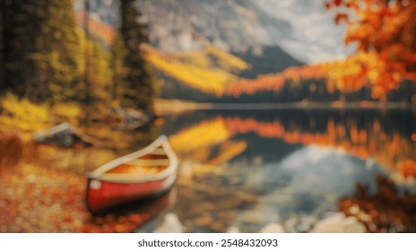 Blurred background of a tranquil autumn scene featuring golden and crimson leaves by a serene lake. a small boat rests on the shore, reflecting vibrant colors in the calm water. - Powered by Shutterstock