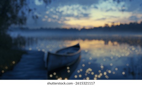 Blurred background of tranquil beauty of a lake at dusk, featuring a wooden canoe gently resting by the shore. the calm waters reflect the soft evening light