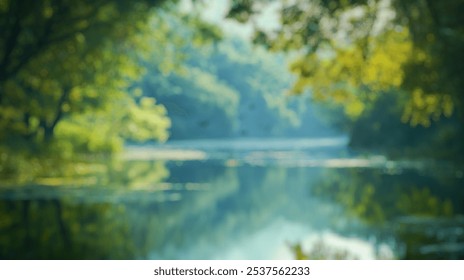 Blurred background of a tranquil lagoon embraced by verdant trees reflects a serene atmosphere. the soft bokeh effect highlights nature's beauty, inviting relaxation and peace. - Powered by Shutterstock