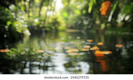 Blurred background of a tranquil lagoon, embraced by dense jungle foliage, offers a serene escape into nature. vibrant greenery reflects in the calm waters, creating a peaceful atmosphere. - Powered by Shutterstock