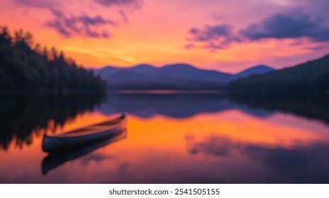 Blurred background of a tranquil lakeside sunset featuring a still surface reflecting vibrant orange and purple hues, creating an enchanting and peaceful atmosphere. - Powered by Shutterstock