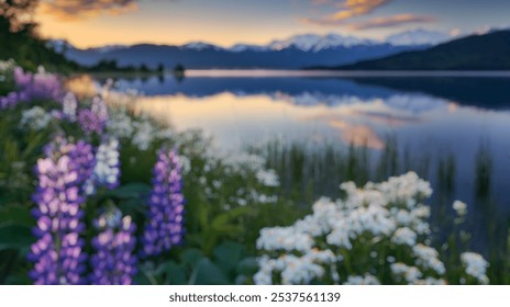 Blurred background of tranquil lakeside view at sunrise, showcasing calm waters and vibrant flowers in the foreground, perfect for capturing serene moments in nature. - Powered by Shutterstock