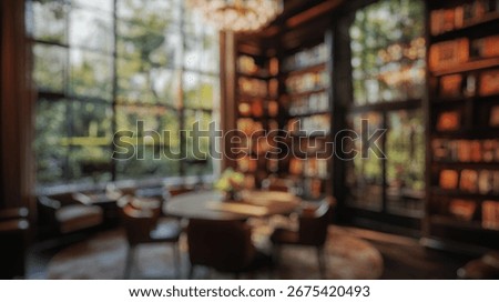 Blurred background of a tranquil library corner featuring a large round table surrounded by cozy seating and illuminated by natural light, creating a peaceful reading atmosphere.